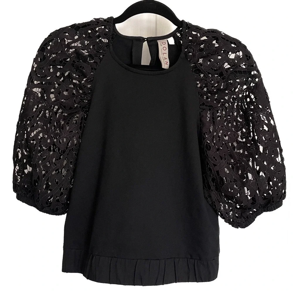 Anthropologie Dolan Balloon Sleeve Top Lace Cut Outs Black Sz S Boho‎ Volume
